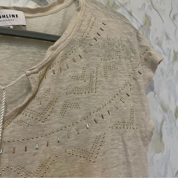 Highline collective 100% linen tee beige tan medium beads neutral short sleeve - Picture 3 of 11